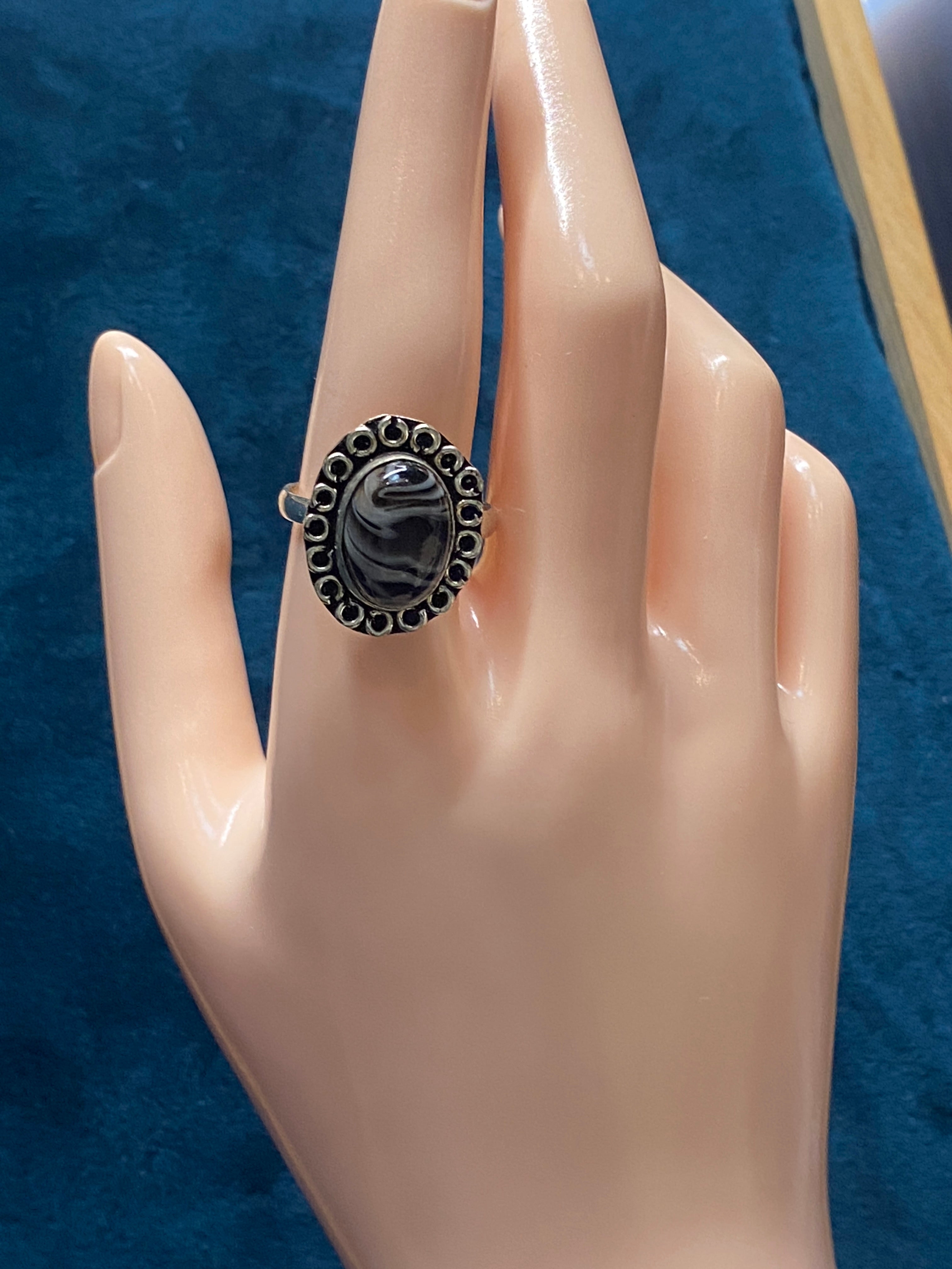 BLACK BANDED AGATE & STERLING SILVER RING