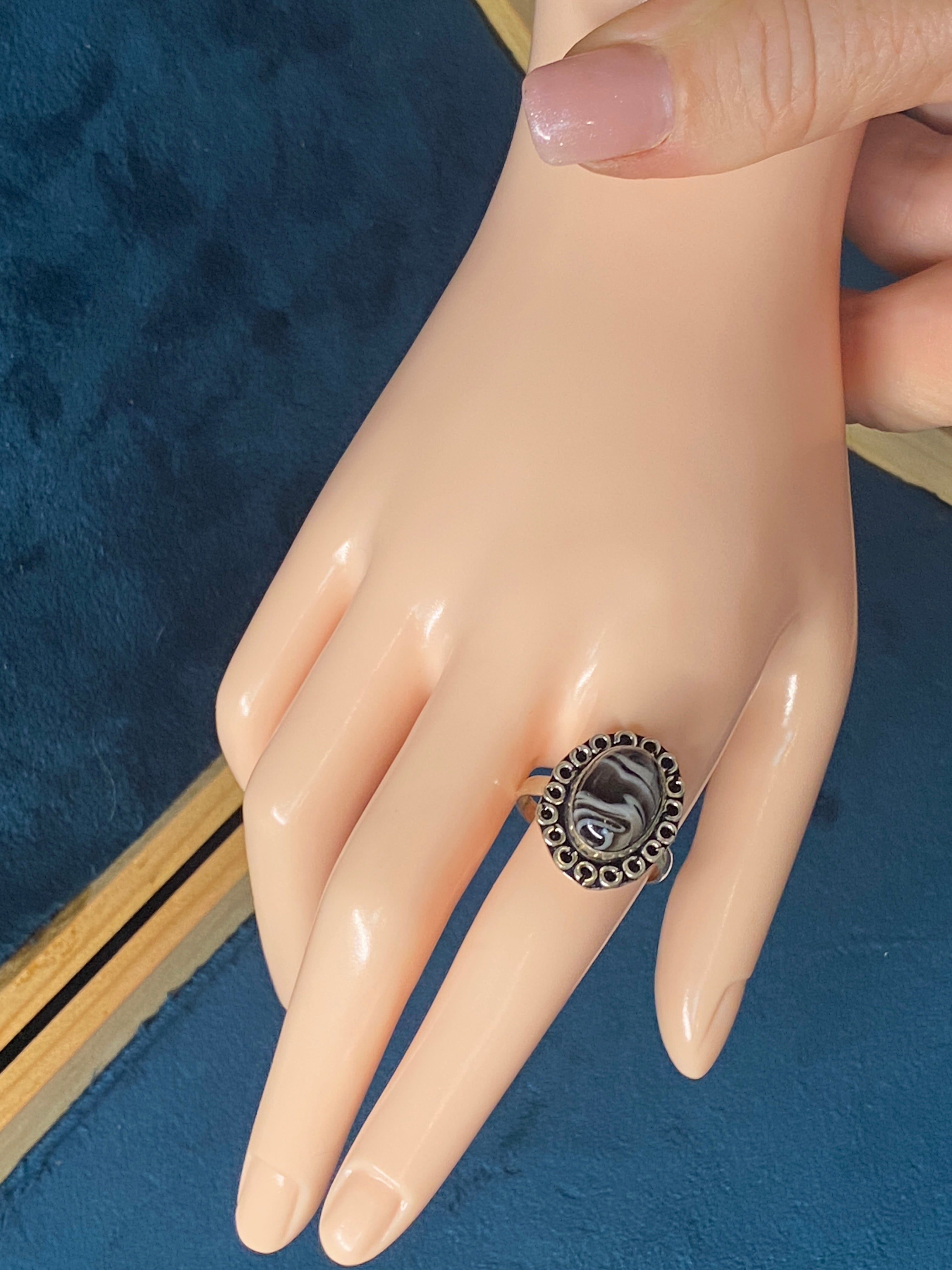 BLACK BANDED AGATE & STERLING SILVER RING