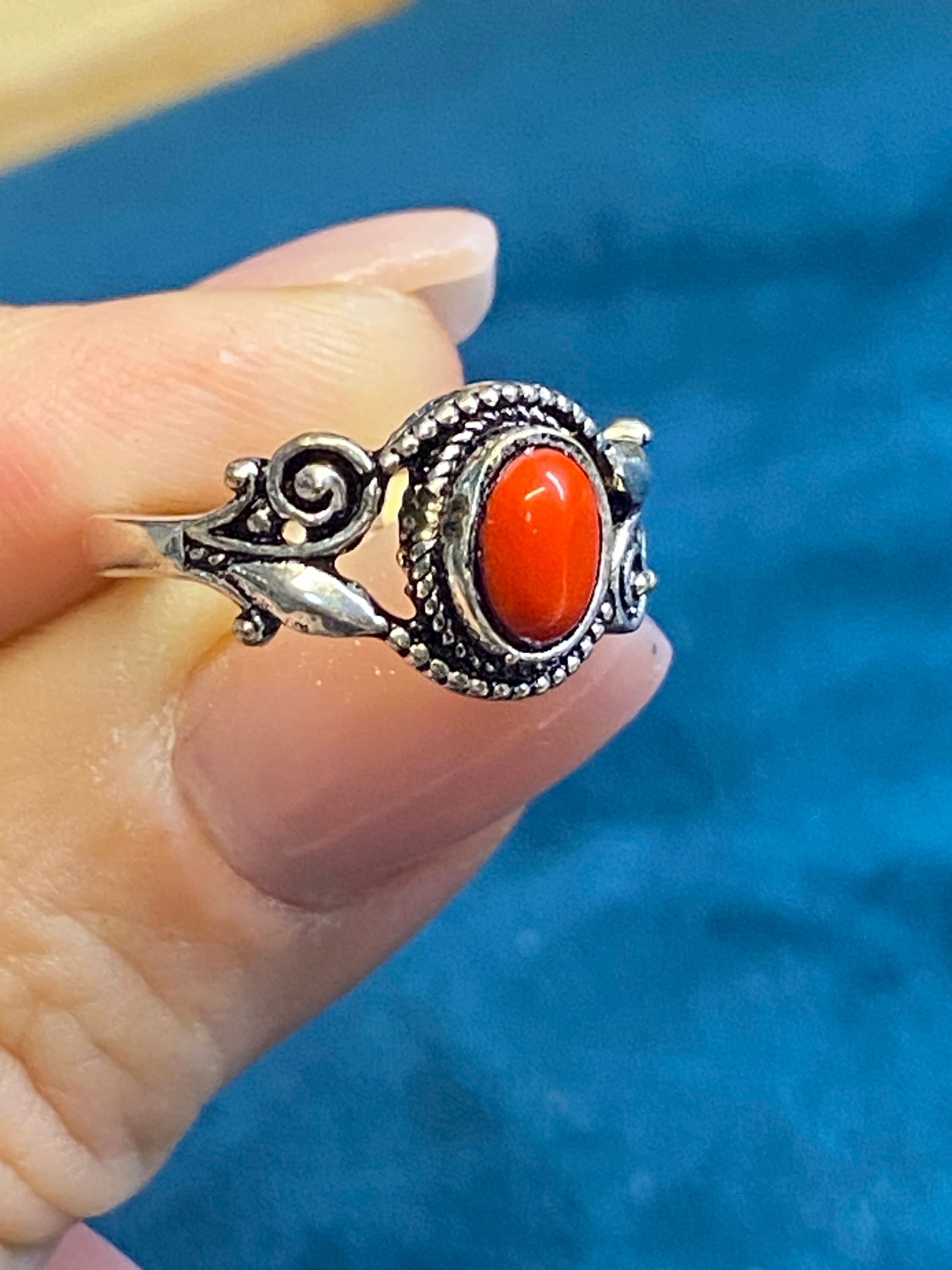 Red Coral Stone Ring- size 7