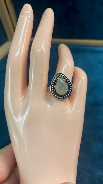 Prehnite Teardrop Statement Ring – Sterling Plated – Size 9