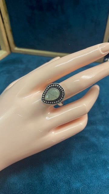 Prehnite Teardrop Statement Ring – Sterling Plated – Size 9