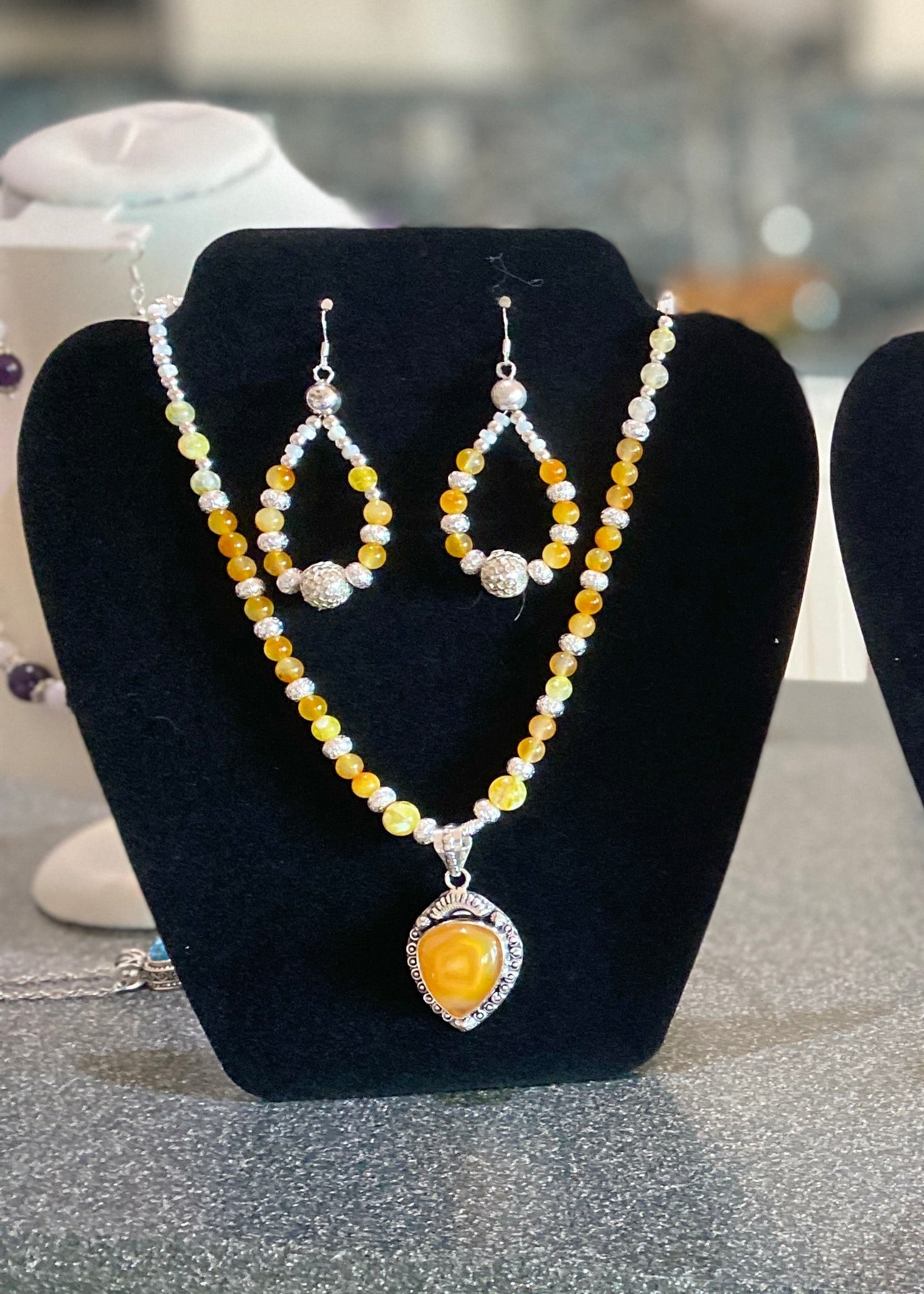 Carnelian, Quartz, & Sterling Silver Necklace and Earrings Set