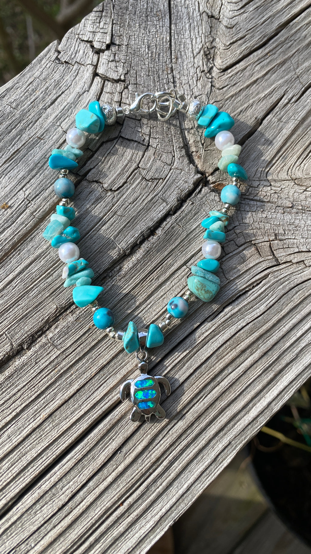 Turquoise Bracelet with Sterling Silver and Opal Turtle Charm