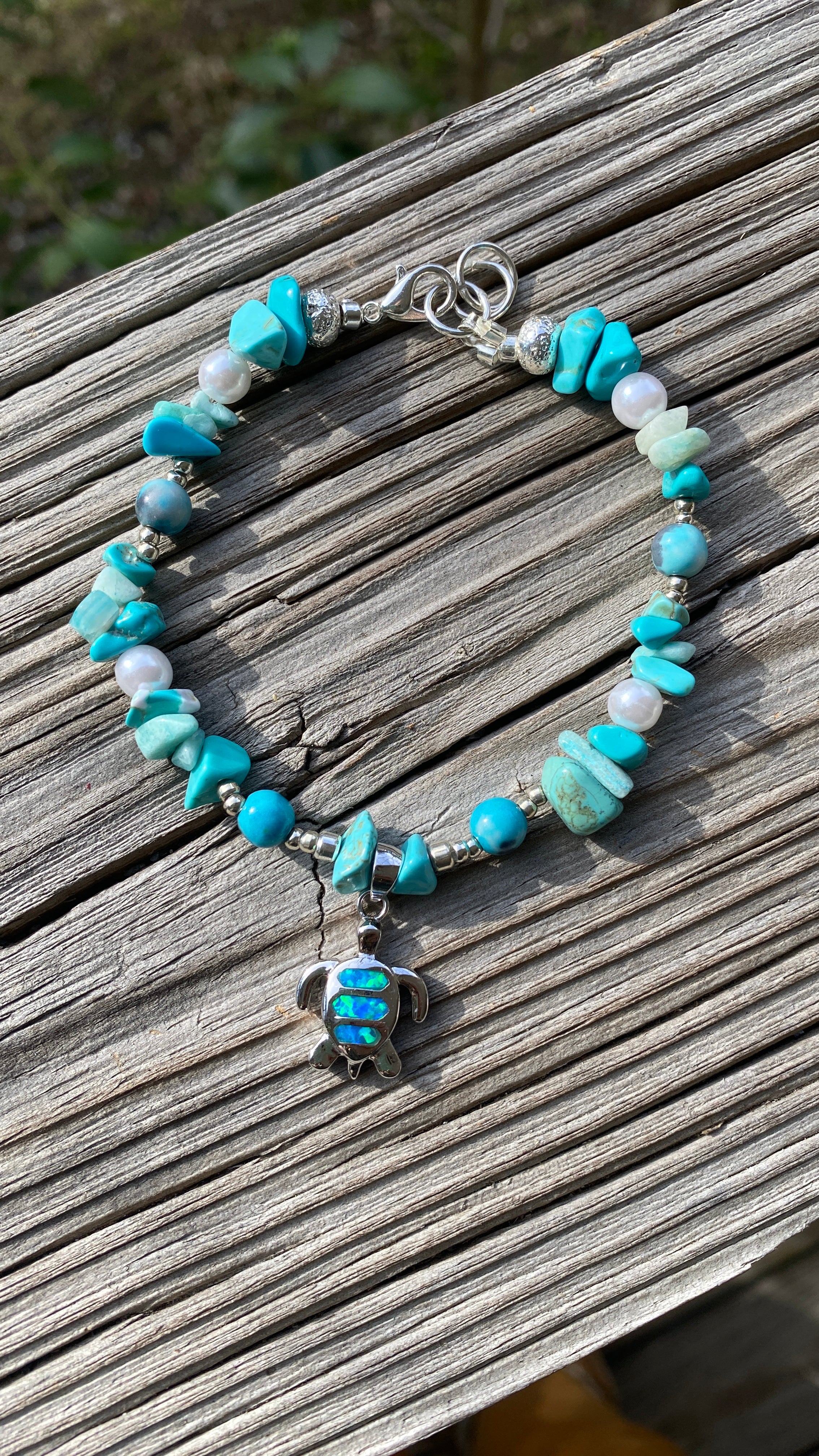 Turquoise Bracelet with Sterling Silver and Opal Turtle Charm