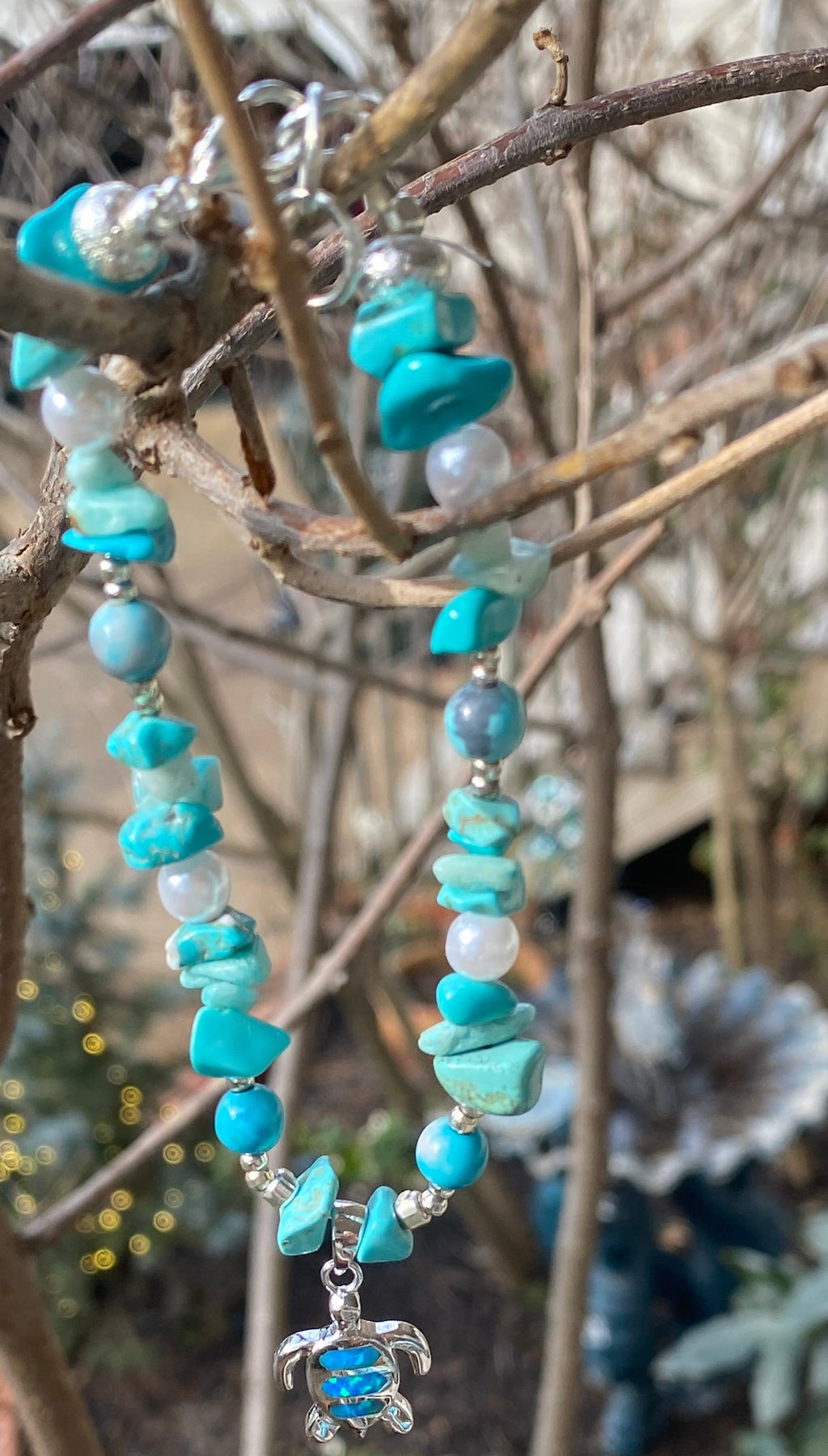 Turquoise Bracelet with Sterling Silver and Opal Turtle Charm