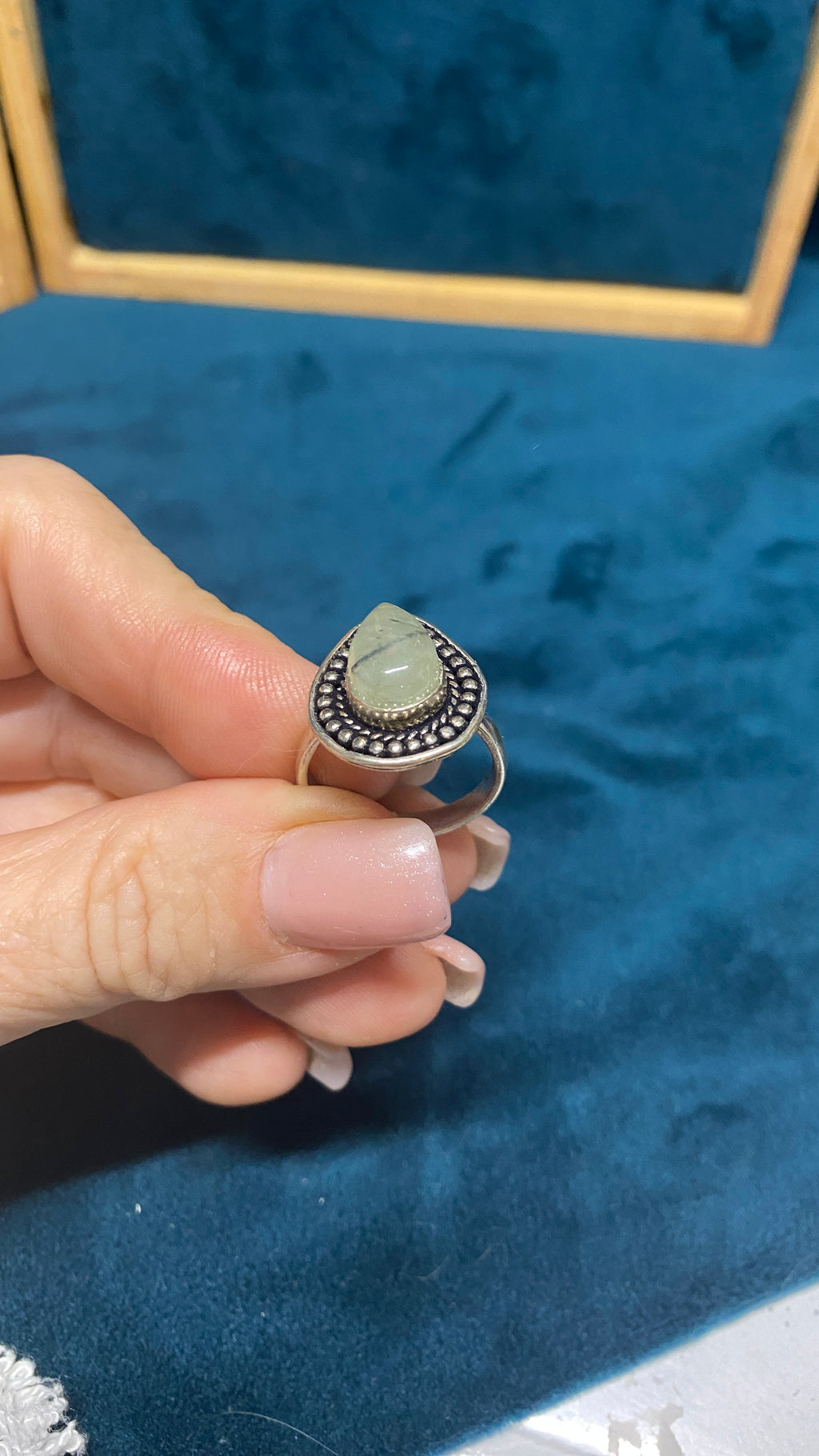 Prehnite Teardrop Statement Ring – Sterling Plated – Size 9