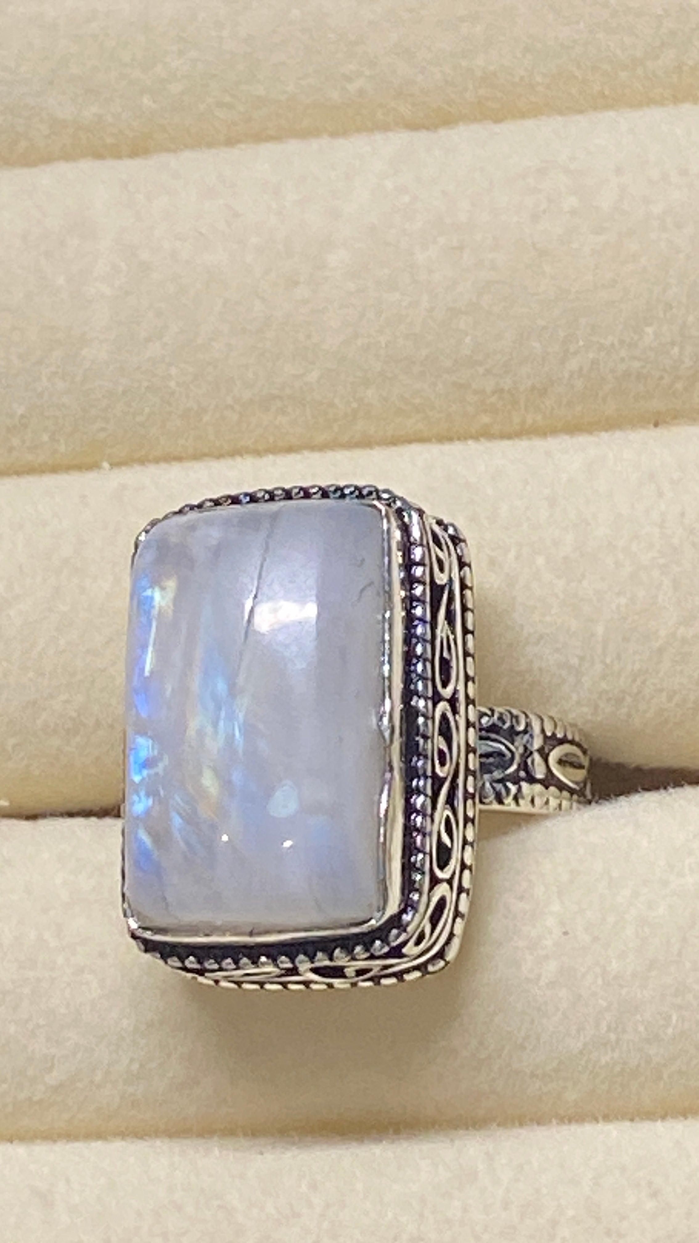Rainbow Moonstone Statement Ring – Solid Sterling Silver | Size 6.75 | One of a Kind