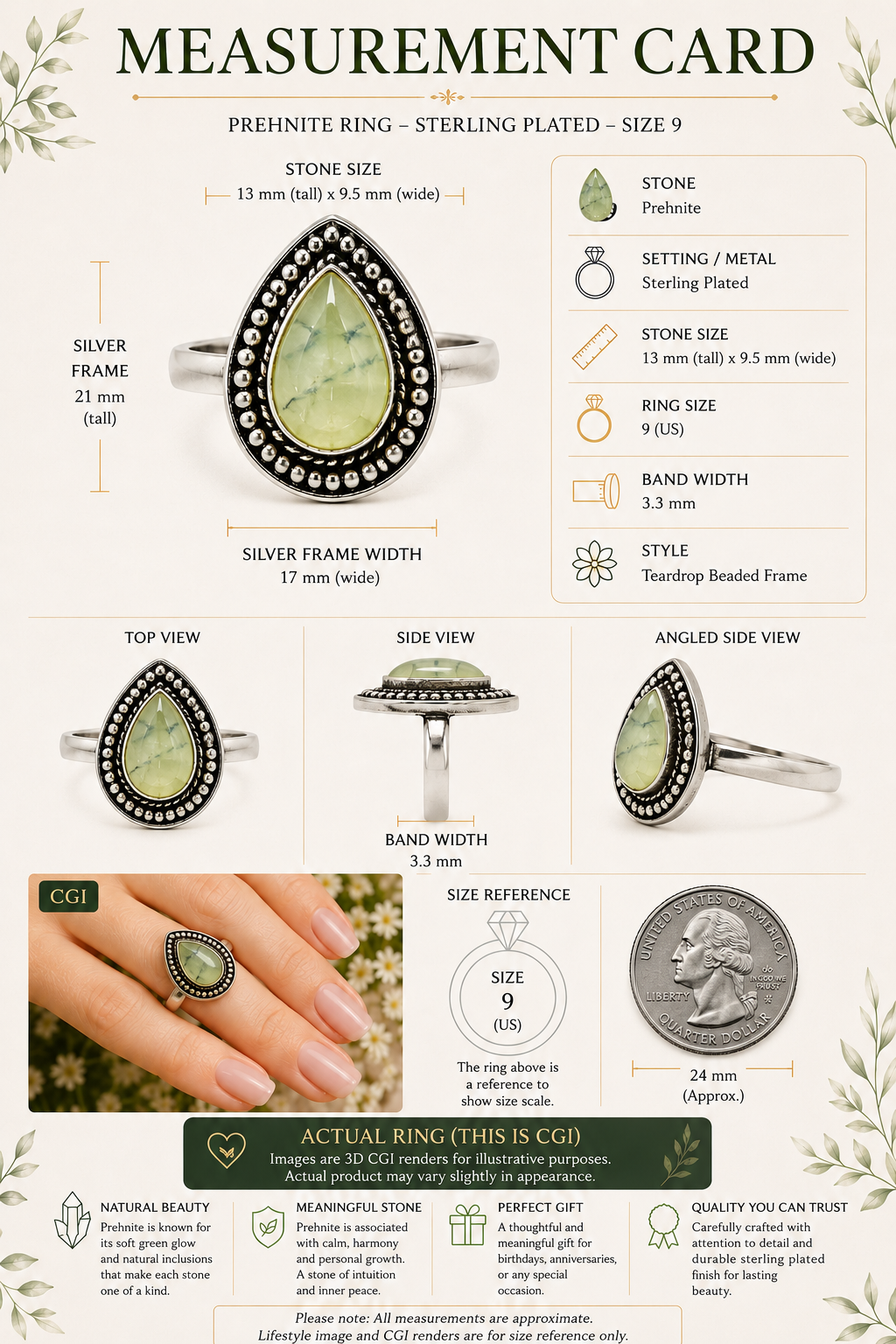 Prehnite Teardrop Statement Ring – Sterling Plated – Size 9