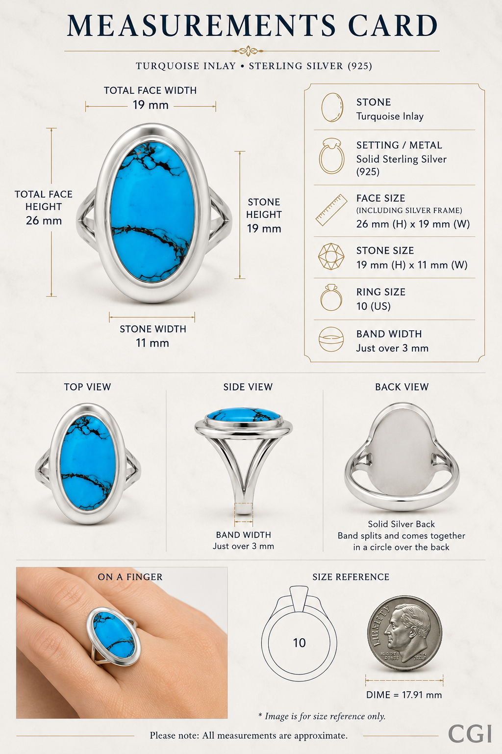 Turquoise Inlay Sterling Silver Statement Ring – Size 10
