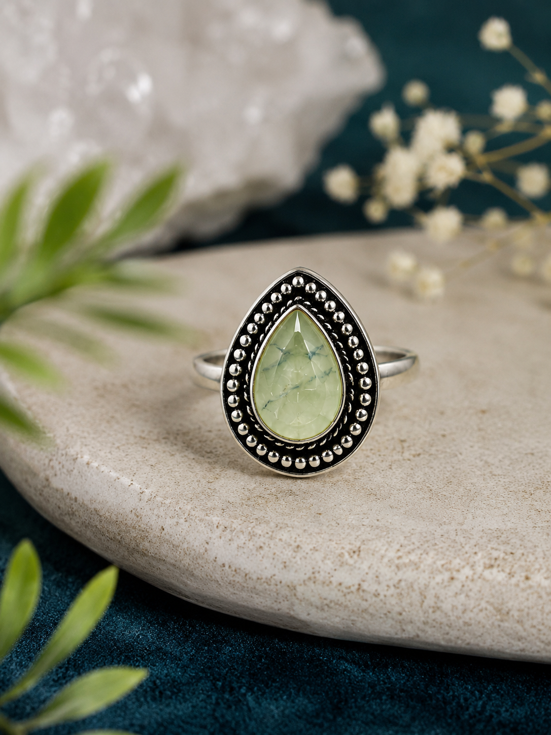 Prehnite Teardrop Statement Ring – Sterling Plated – Size 9