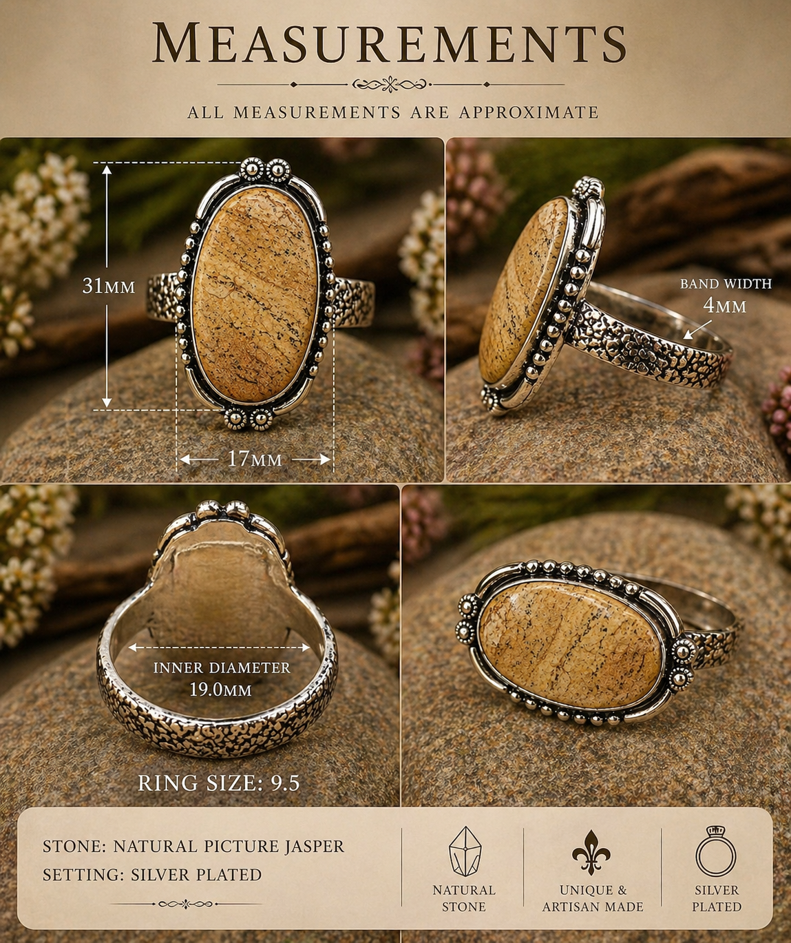 🌿 Picture Jasper Statement Ring – Size 9.5 🌿