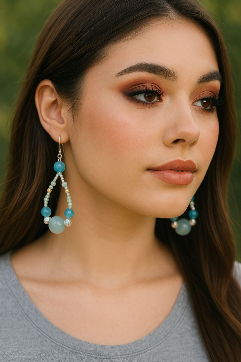 Shell, Amazonite, Blue Chalcedony &amp; White Quartz Teardrop Earrings