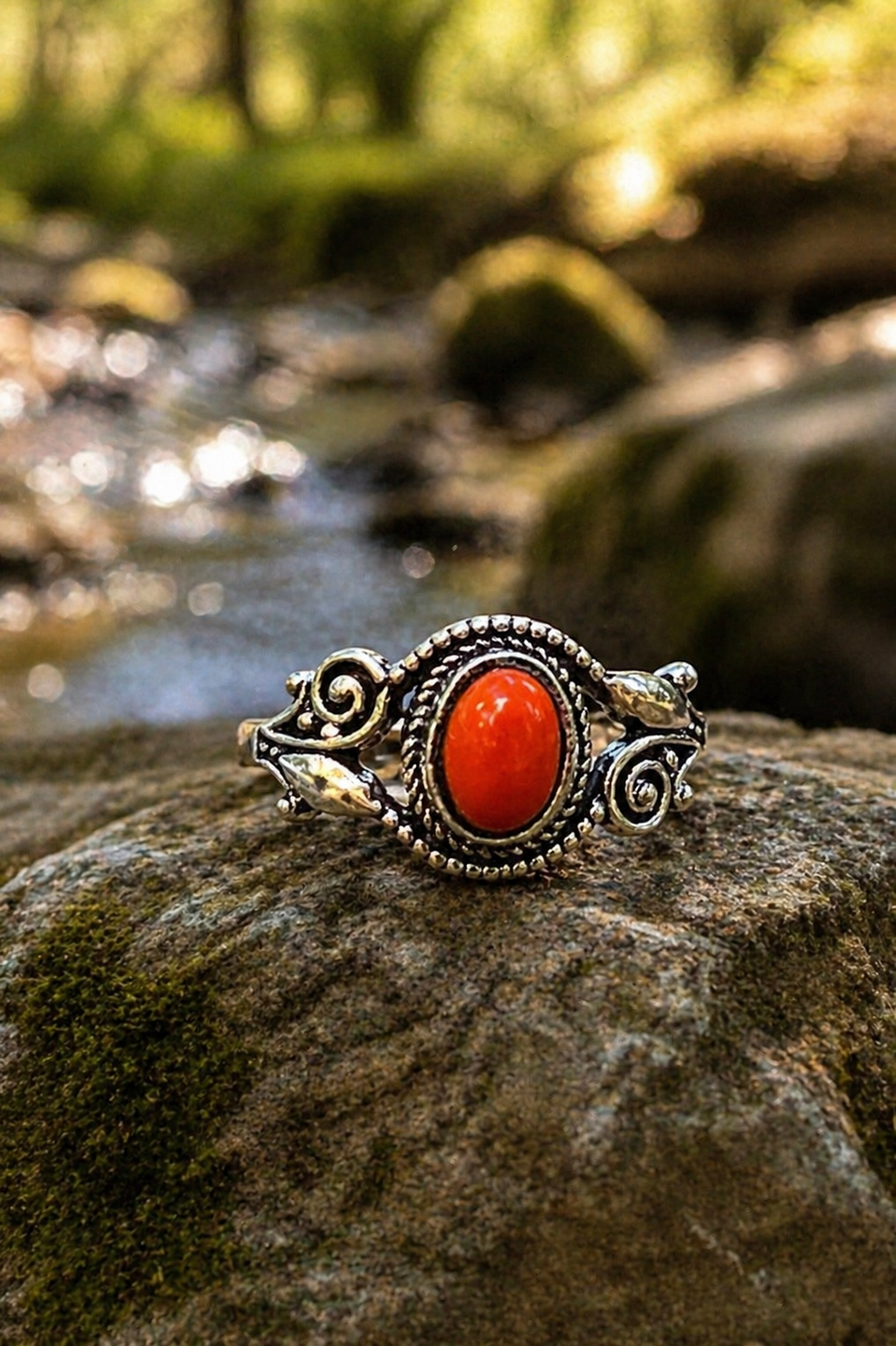 Red Coral Stone Ring- size 7