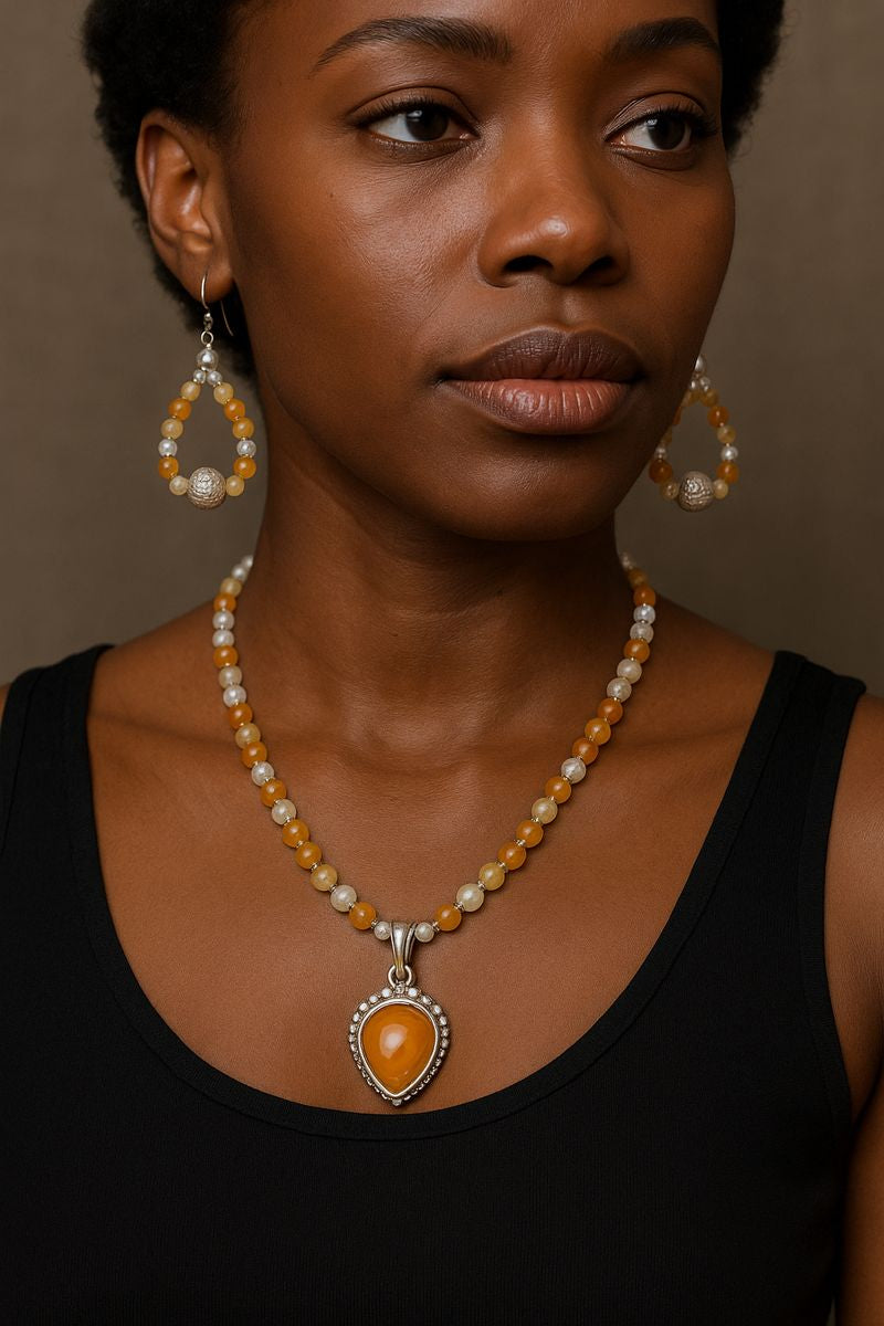 Carnelian, Quartz, & Sterling Silver Necklace and Earrings Set
