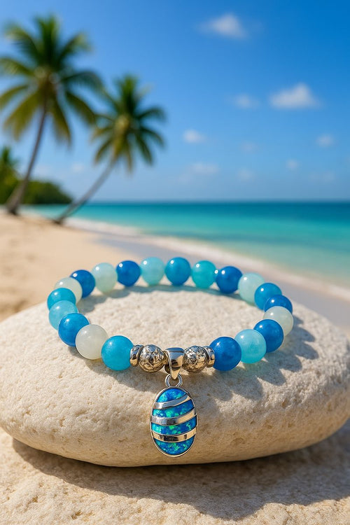 Caribbean Chalcedony, White Quartz & Opal Charm Bracelet