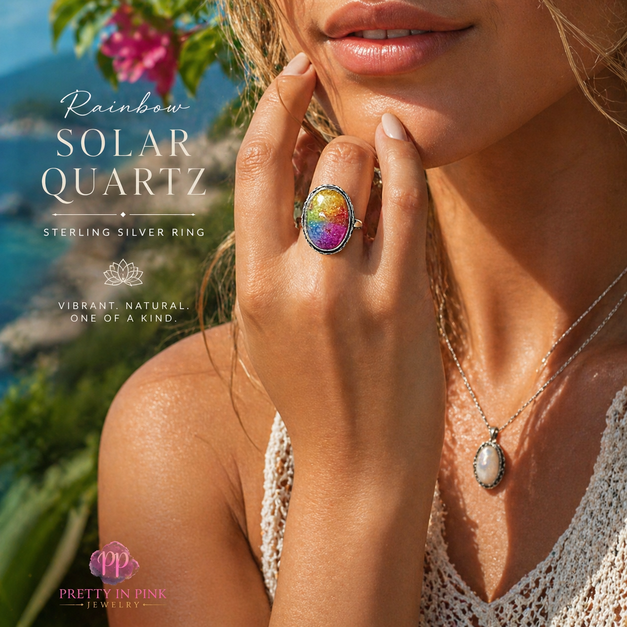 RAINBOW SOLAR QUARTZ RING (color enhanced) – STERLING SILVER – SIZE 9.5