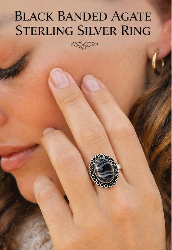 BLACK BANDED AGATE & STERLING SILVER RING